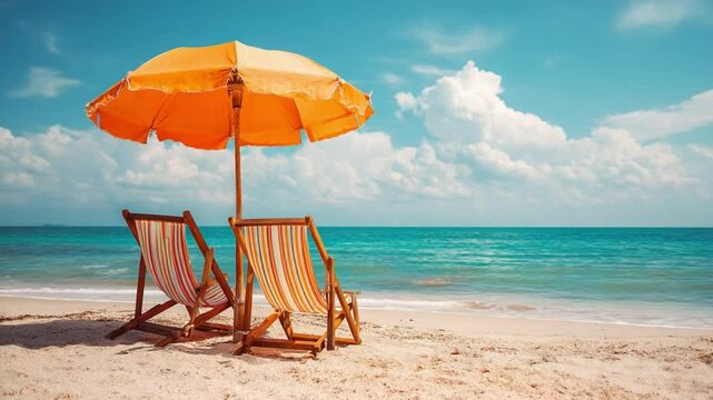 Escape to Tranquility: Two chairs sit invitingly beneath a beach umbrella on a sandy shore. The azure ocean stretches towards the horizon. A perfect escape.