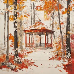Autumn scene featuring a gazebo surrounded by vibrant fall foliage in a serene park