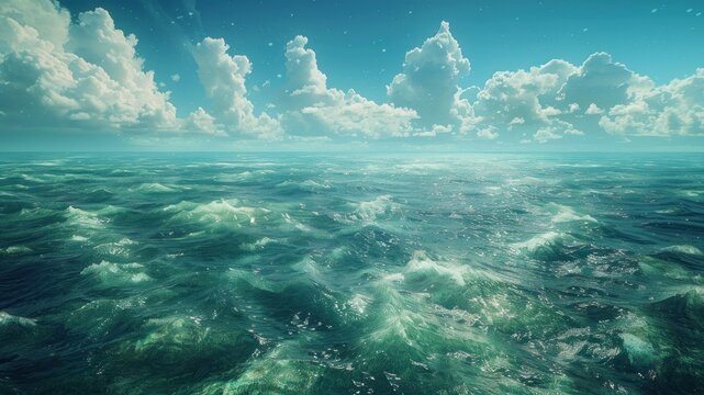 Expansive ocean view with rolling waves under a bright, cloudy sky. Serene.