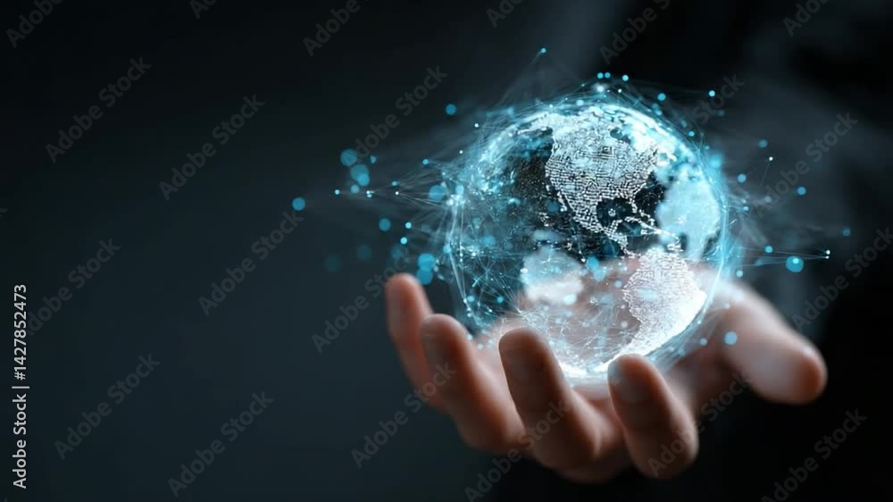 Poster global connection in the palm: a hand gently cradles a glowing digital globe, symbolizing global int