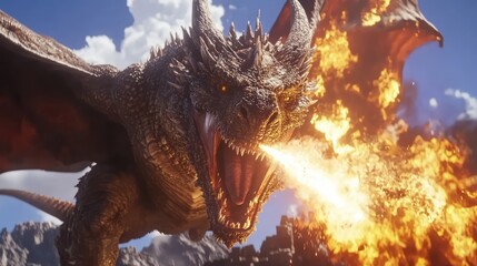 Obraz premium a close up of a dragon attacking a man with a sword