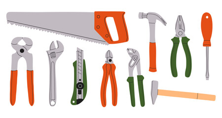 Set of construction tools. Wood saw, screwdriver, hammer, pliers, utility knife.
