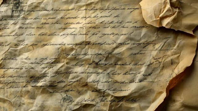 Faded handwriting on aged parchment depicting historical correspondence or an old document, Aged parchment with faded handwriting on crumpled background