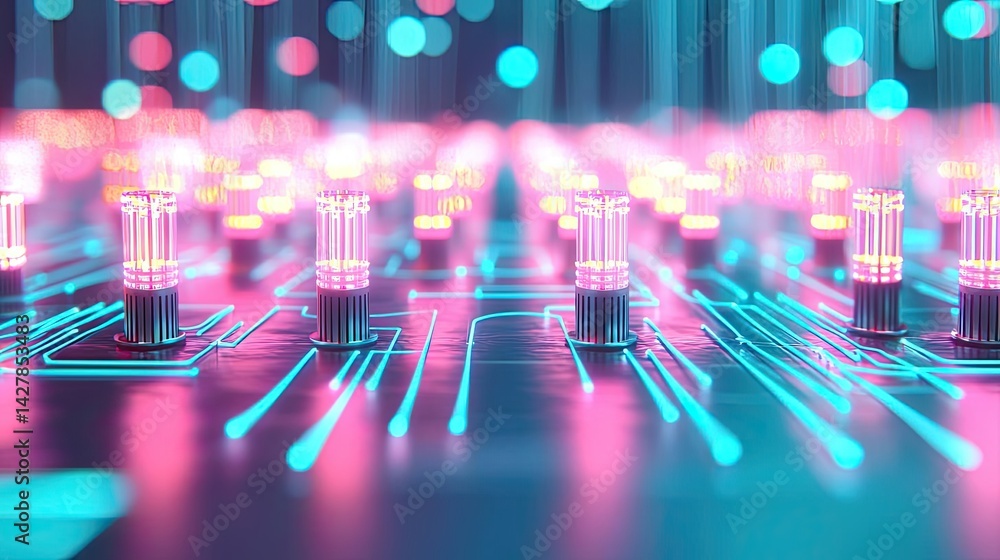 Poster lights of glowing fiber optic cables featuring macro connectors concept. close-up view of a glowing 