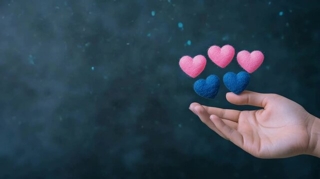 Hand holding Hearts : An image portraying a gentle hand cradling a collection of plush hearts in shades of pink and blue, floating in the air, and evokes the sentiments of love, care, and compassion.