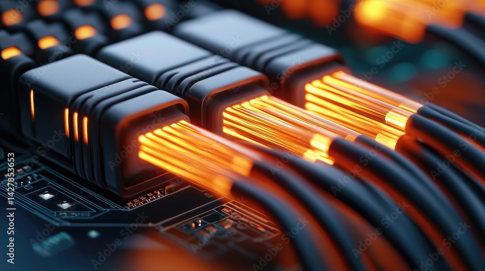 Leinwandbilder lights of glowing fiber optic cables in digital technology connectors concept. close-up of illuminat