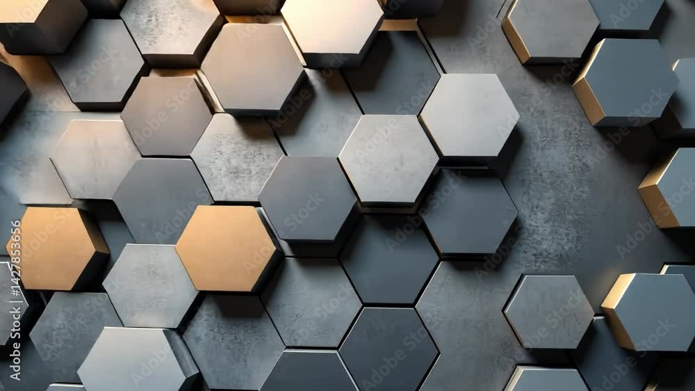 Poster modern hexagonal tiles create stunning geometric pattern on wall, showcasing blend of metallic and m