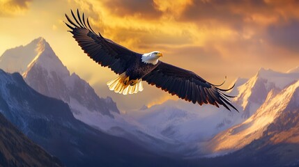 Fototapeta premium A majestic bald eagle soaring over a mountain range at sunrise