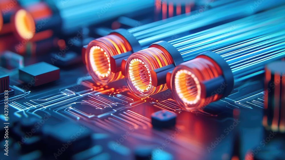 Poster Lights of glowing fiber optic cables featuring macro connectors concept. Close-up of glowing digital circuitry and advanced technology.