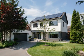 Modern Residential Home with Solar Panels on Sunny Day