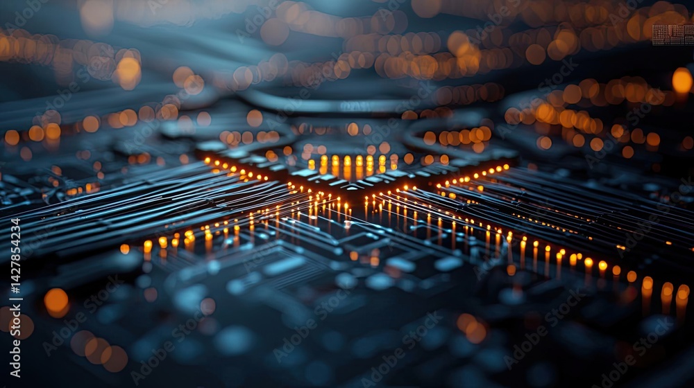 Poster Lights of glowing fiber optic cables featuring macro connectors concept. A close-up view of an intricate circuit board design with glowing lights.