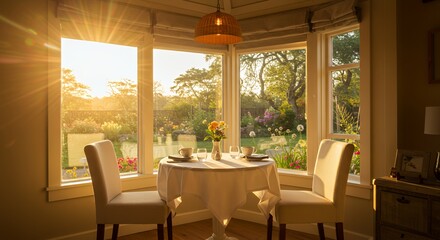 Obraz premium Sunlit Breakfast Nook: Tranquil Garden View