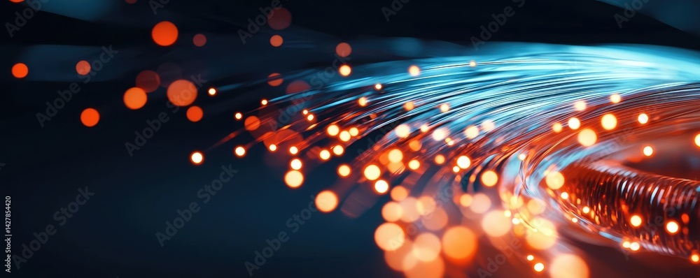 Poster lights of glowing fiber optic cables showing network connectors concept. abstract dynamic light trai