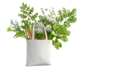 Fresh vegetables and herbs in a reusable tote bag showcasing sustainable living and healthy lifestyle choices with healthy eating concept. cut out