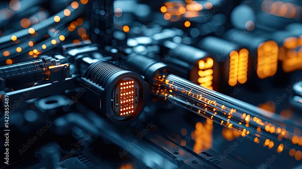 Poster lights of glowing fiber optic cables featuring macro connectors concept. close-up of intricate circu