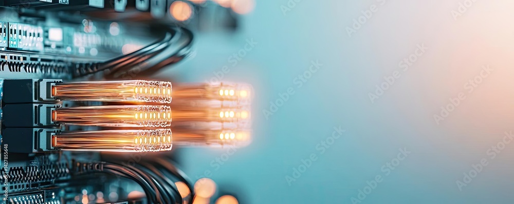 Poster lights of glowing fiber optic cables in digital technology connectors concept. close-up of illuminat