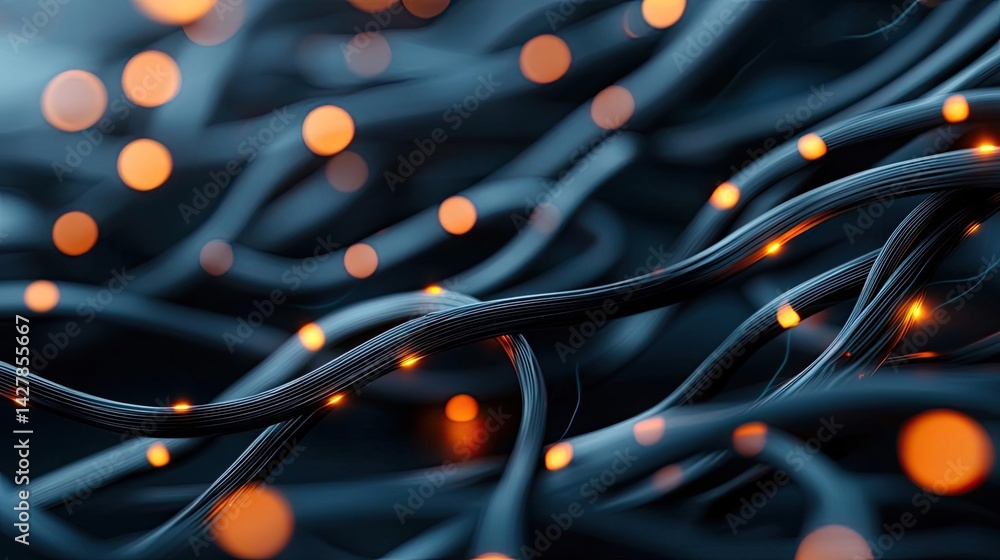 Poster lights of glowing fiber optic cables featuring macro connectors concept. close-up view of tangled wi