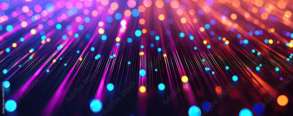Poster lights of glowing fiber optic cables featuring macro connectors concept. vibrant light particles cre