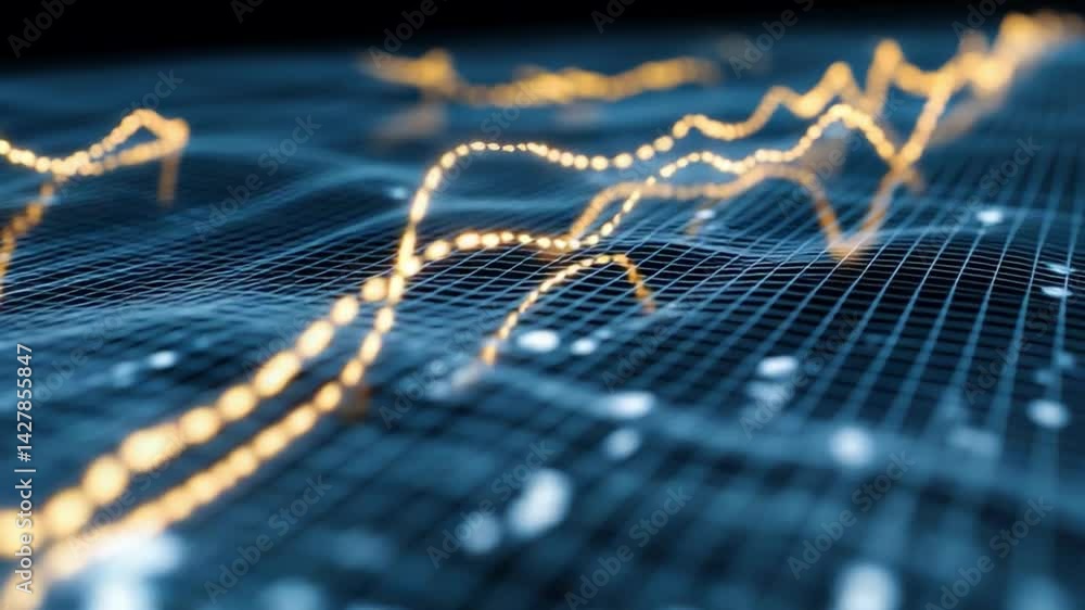 Poster dynamic data visualization: abstract lines of data undulate across a technological grid, highlightin