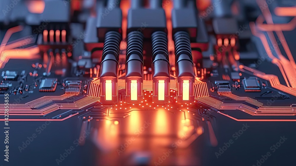 Poster lights of glowing fiber optic cables in digital technology connectors concept. close-up view of a ci