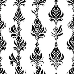 Black and white damask pattern with intricate floral motifs.