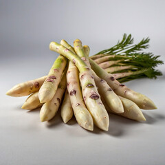 A bundle of pale, unpeeled asparagus spears with hints of green and purple, and feathery green tops, resting on a light gray surface against a muted background.
