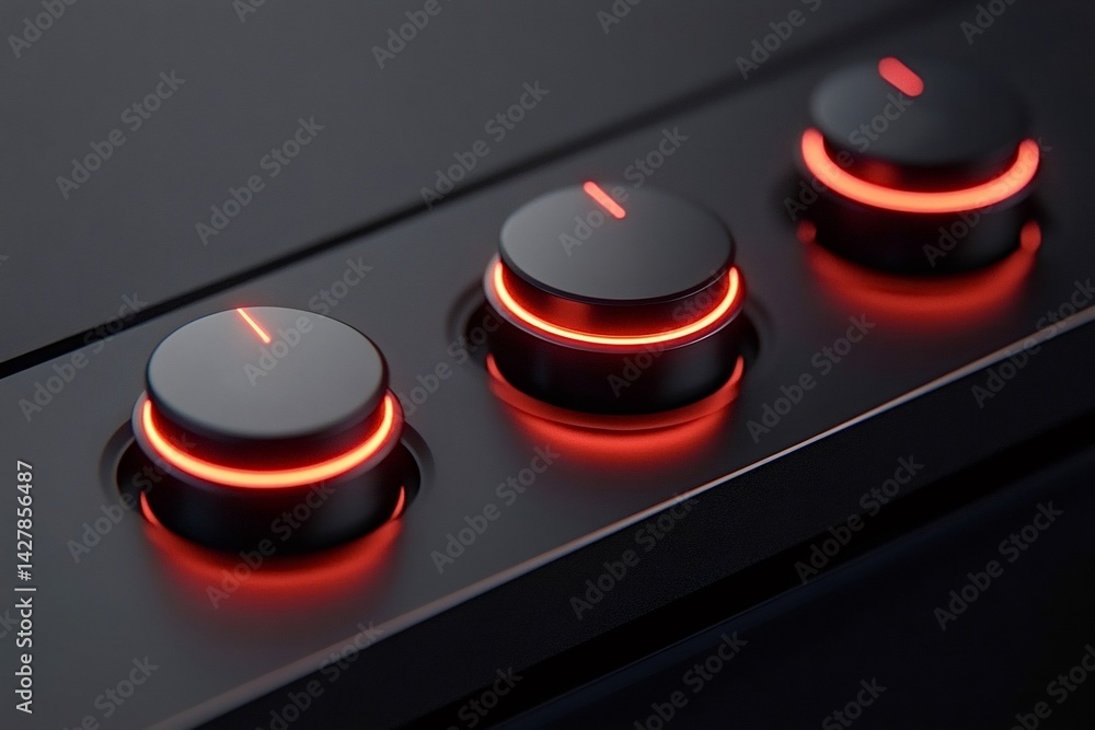 Poster three black knobs with glowing red rings and indicator lines are set against a dark control panel, c