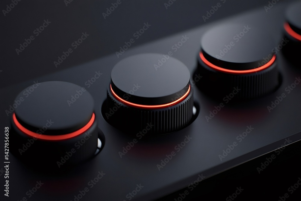 Poster three black control knobs with glowing red rings are featured on a dark background, emphasizing prec