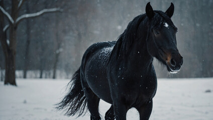 Obraz premium Image of a black horse in the snow