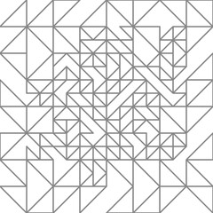 A complex geometric pattern of interlocking triangles and lines, forming an abstract black-and-white design.