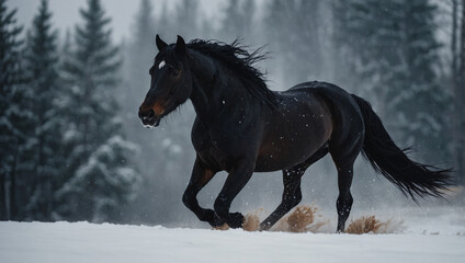 Image of a black horse in the snow