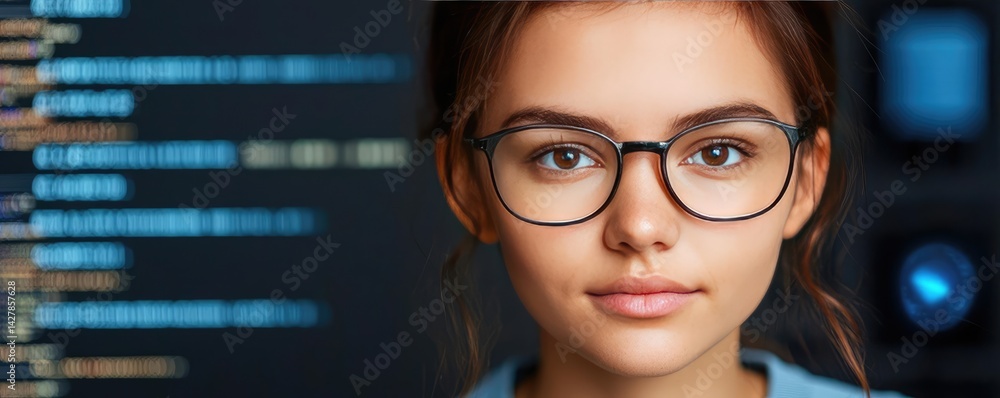 Aufkleber Woman looking at code in futuristic cyber technology concept. Young woman with glasses focusing on coding in modern workspace.