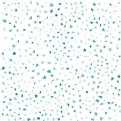 A minimalistic pattern featuring scattered teal and light blue leaf shapes on a white background.