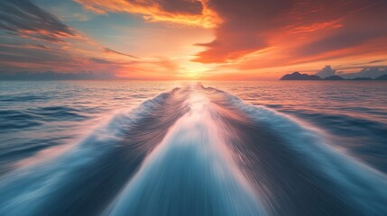 Stunning sunset over the ocean, viewed from a fast-moving boat.