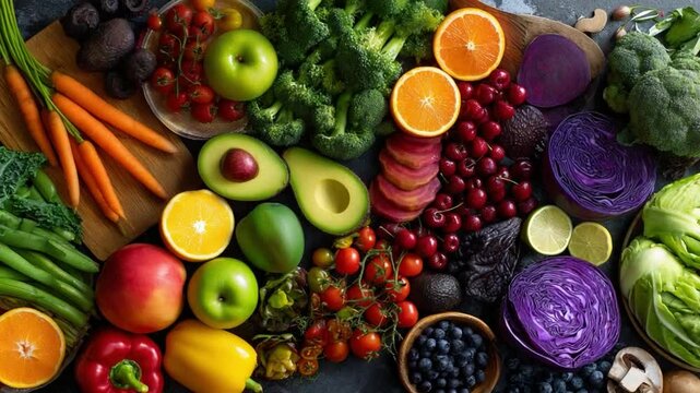 Rainbow of Freshness:  A vibrant flatlay showcasing a colorful variety of fresh fruits and vegetables, bursting with nutrients and inviting a healthy lifestyle.  