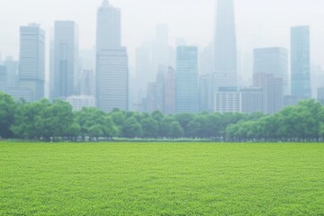 Obraz premium Lush green lawn with cityscape in the background. A tranquil urban park scene