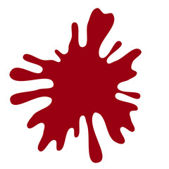 A large, irregular splash of deep red paint or liquid against a white background.