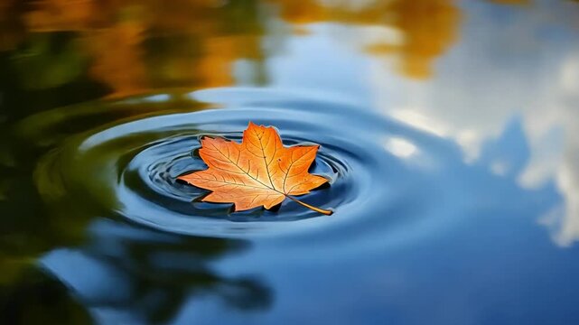 Vibrant orange leaf floats on calm water surface, creating gentle ripples that reflect natures colors, evoking tranquility and peaceful autumn scene.
