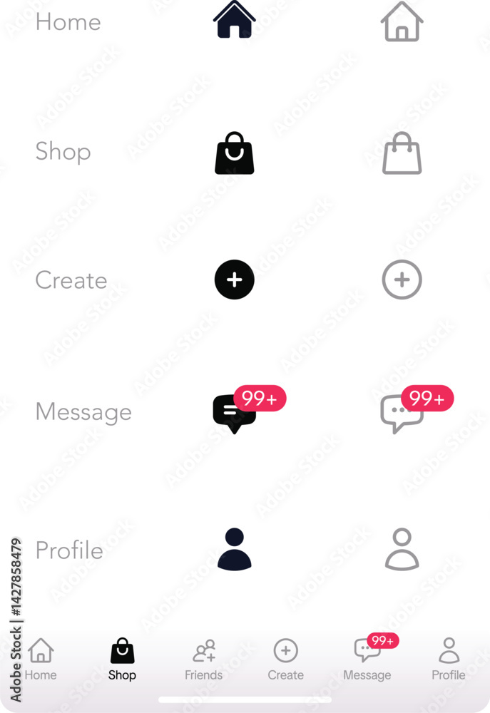 Aufkleber smartphone ui mockup with bottom menu icons for home, shop, create, message, and profile with notifi