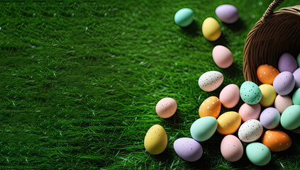 Obraz premium Vibrant Easter Egg Hunt Wallpaper on Lush Green Grass Background
