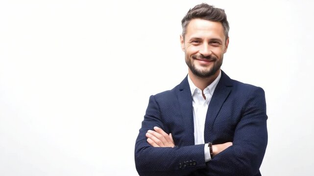 Confident Business Professional: A sophisticated and assured business person, dressed in a sharp suit, poses with arms crossed, emanating an aura of authority and competence.