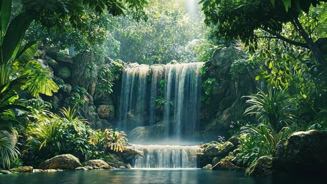 Serene waterfall cascades through tropical jungle, surrounded by lush greenery and vibrant plants, creating tranquil oasis where sunlight filters through rocks, enhancing beauty of nature.