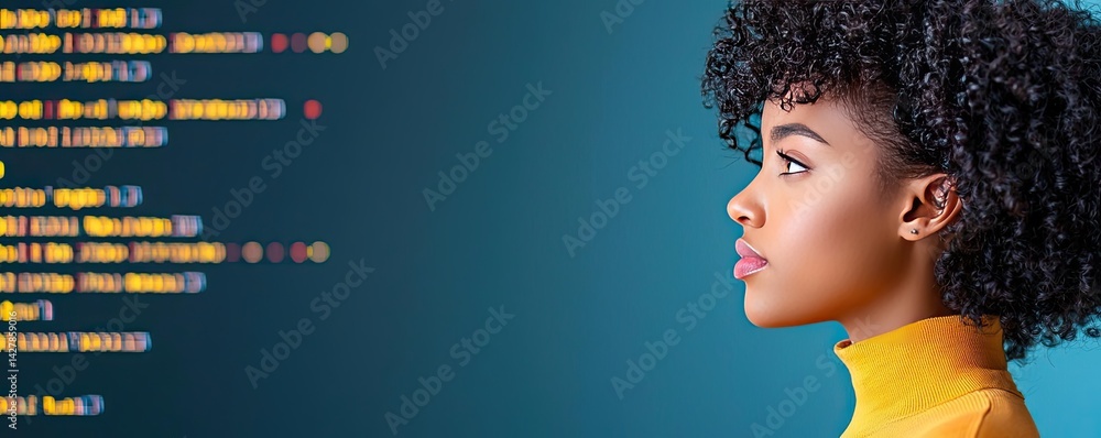 Aufkleber Woman looking at code in cyber computing developer concept. Portrait of a woman engaged with digital coding concept.