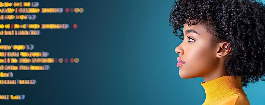 Woman looking at code in cyber computing developer concept. Portrait of a woman engaged with digital coding concept.