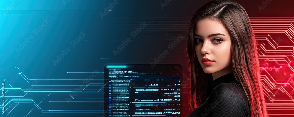 Aufkleber Woman looking at code with cyber screen programming concept. A confident woman in a tech-inspired backdrop with digital elements.