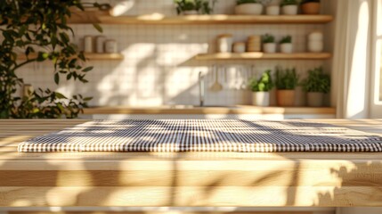 Bright kitchen with plants and checkered tablecloth