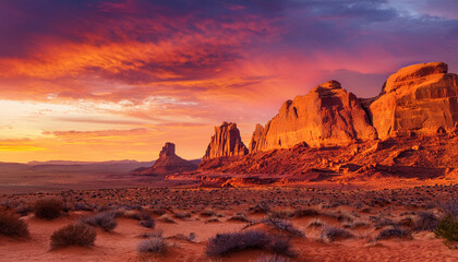 Desert landscape at sunset with dramatic rock formations