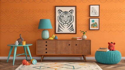 A luxury living room interior showcases a sofa, table, and chairs near a window, with elegant decor and a lamp illuminating the design
