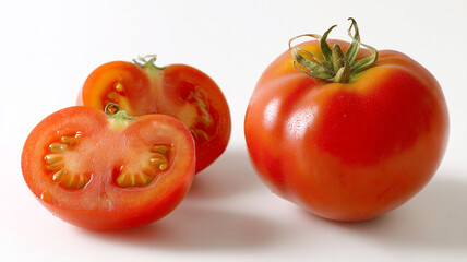 Fresh red tomato with sliced half on white background
