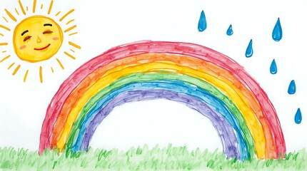 A simple and colorful illustration of a rainbow stretching across the sky with a smiling sun and falling raindrops, designed in a playful and cheerful style.
